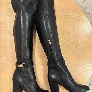 Sam Edelman Black Leather Over-the-Knee Boots with Gold Hardware